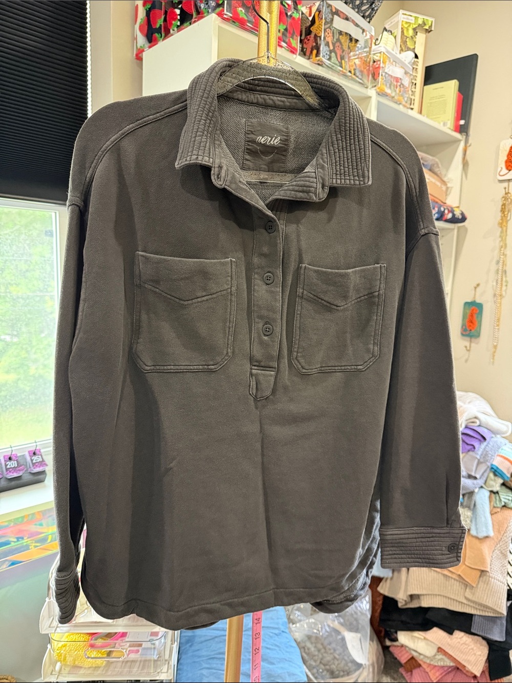 aerie Lumber Jane Black Oversized Pullover with Chest Pockets XS - Picture 2 of 4